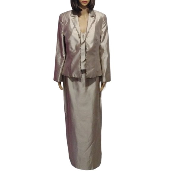 Silk Cocktail Dress 3 Piece Evening Gown Beaded Silk Blazer Vest Long Skirt Sz 6 - Picture 1 of 15